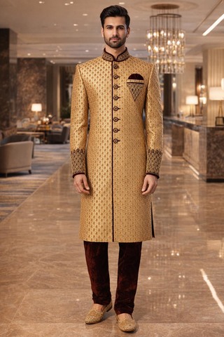 Traje indo occidental melocotón bordado