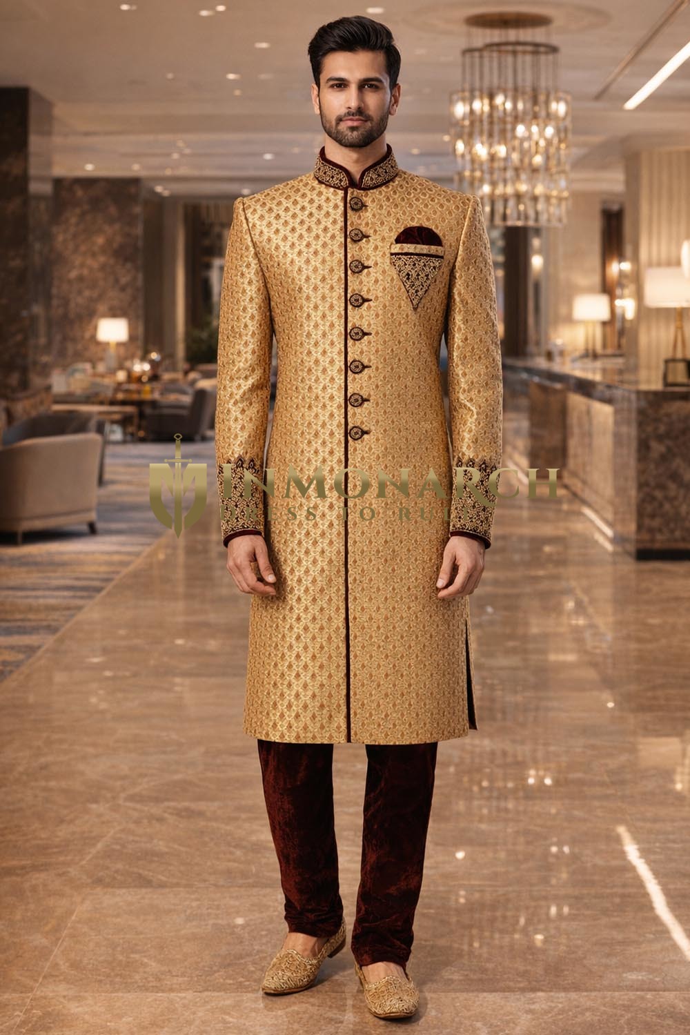 Mens Peach Indo Western 3 Pc Embroidered Groom Wedding Attire