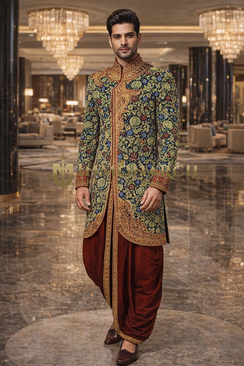 Traje indo occidental negro floral bordado