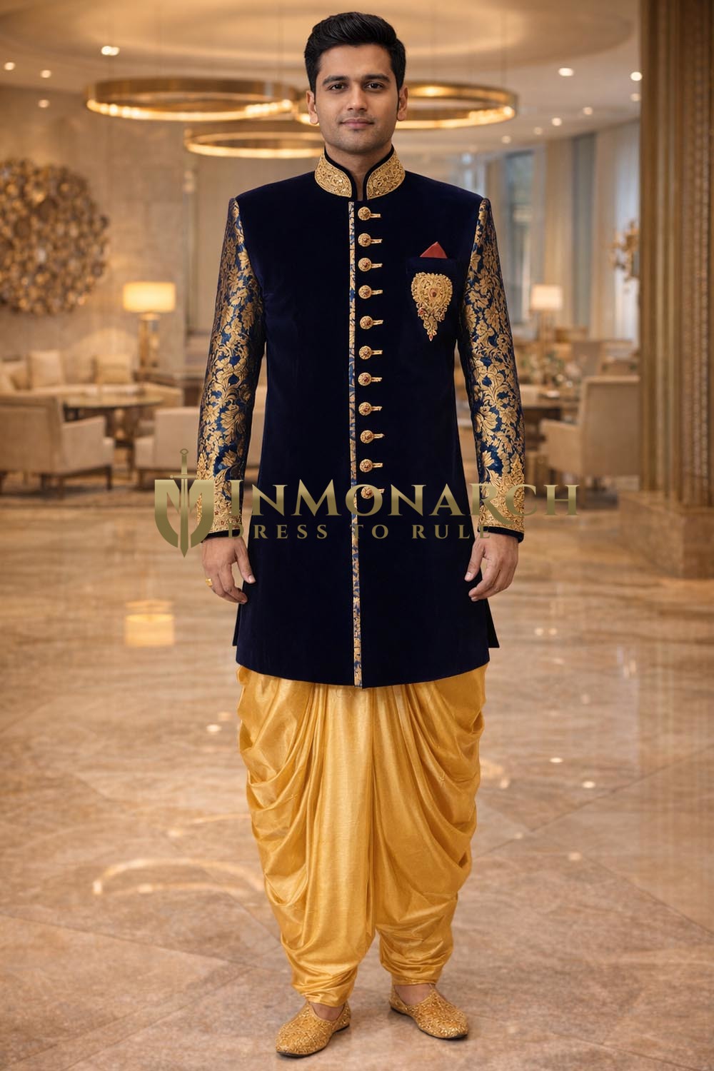Mens Navy Blue Indo Western 3 Pc Velvet Groom Wedding Attire