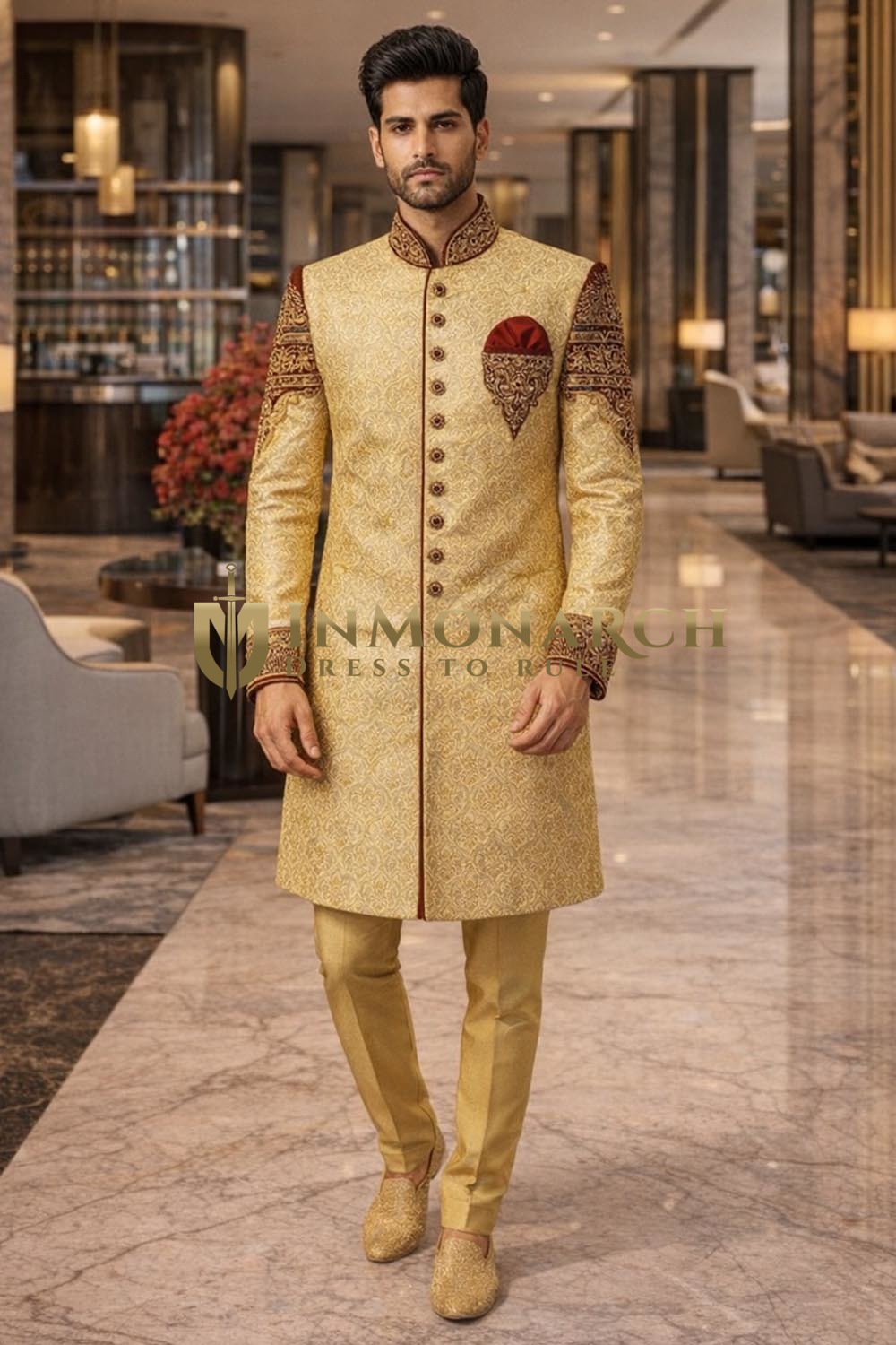 Mens Beige Indo Western 3 Pc Embroidered Groom Wedding Attire