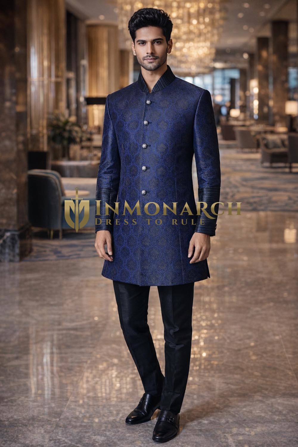 Mens Purple Indo Western 2 Pc High Neck Wedding Designer Attire