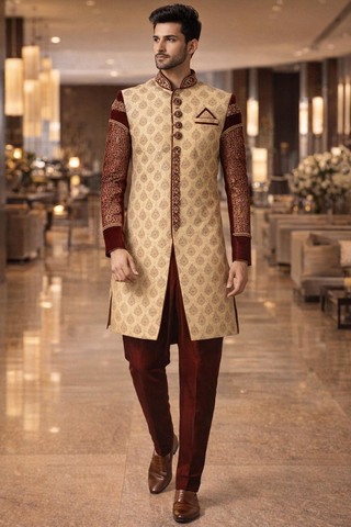 Traje indowestern beige bordado elegante