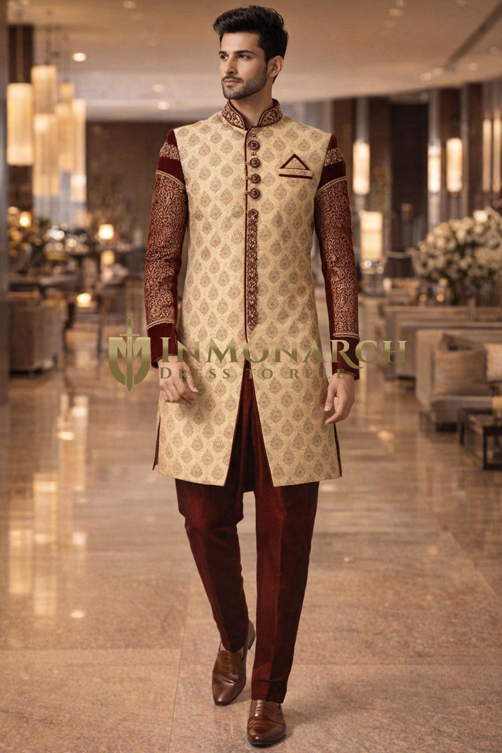 Mens Beige Indo Western 3 Pc Embroidered Maroon Wedding Attire