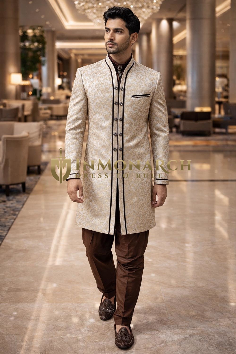Mens Cream Indo Western Outfit 4pc Brocade Groom Wedding Designer Wear