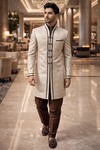 Mens Cream Indo Western Outfit 4pc Brocade Groom Wedding Designer Wear