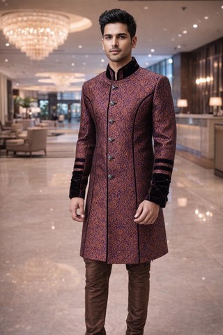 Sherwani morado naranja con apliques