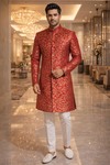 Mens Crimson Velvet Indo Western Outfit 2pc Gold Floral Prom Attire