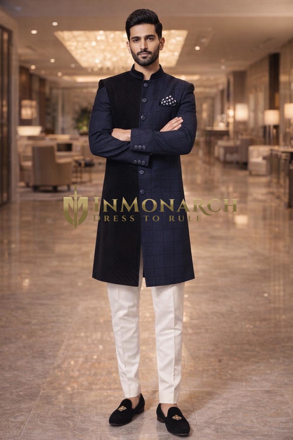 Mens Navy Blue Indo Western Outfit 3pc Velvet Check Wedding Attire
