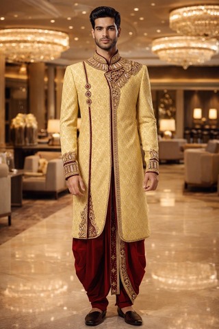 Indowestern beige con bordado burdeos
