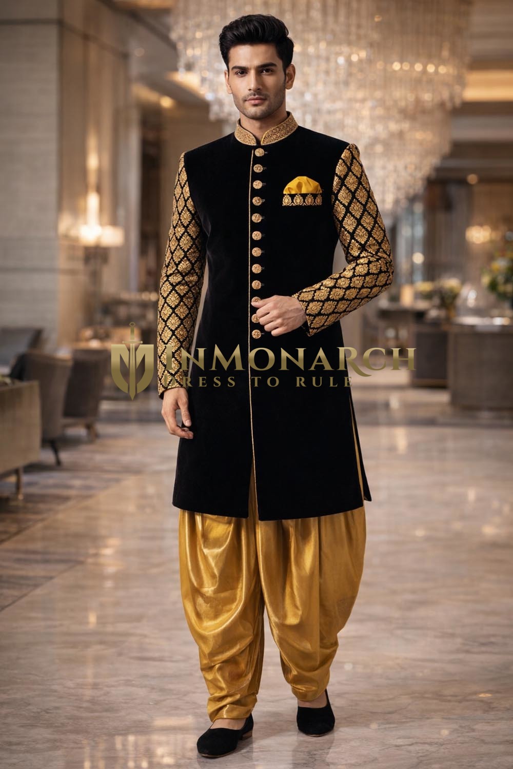 Mens Black Indo Western Outfit 3pc Embroidered Salwar Wedding Wear