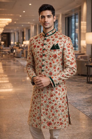 Traje boda marfil ribete verde azulado