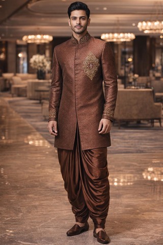 Sherwani indowestern dorado y marrón bordado