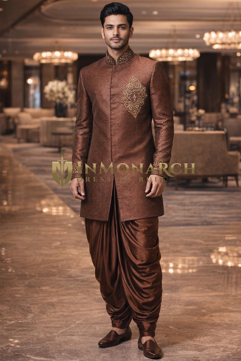 Mens Copper Indo Western Outfit 2pc Brocade Wedding Salwar Attire
