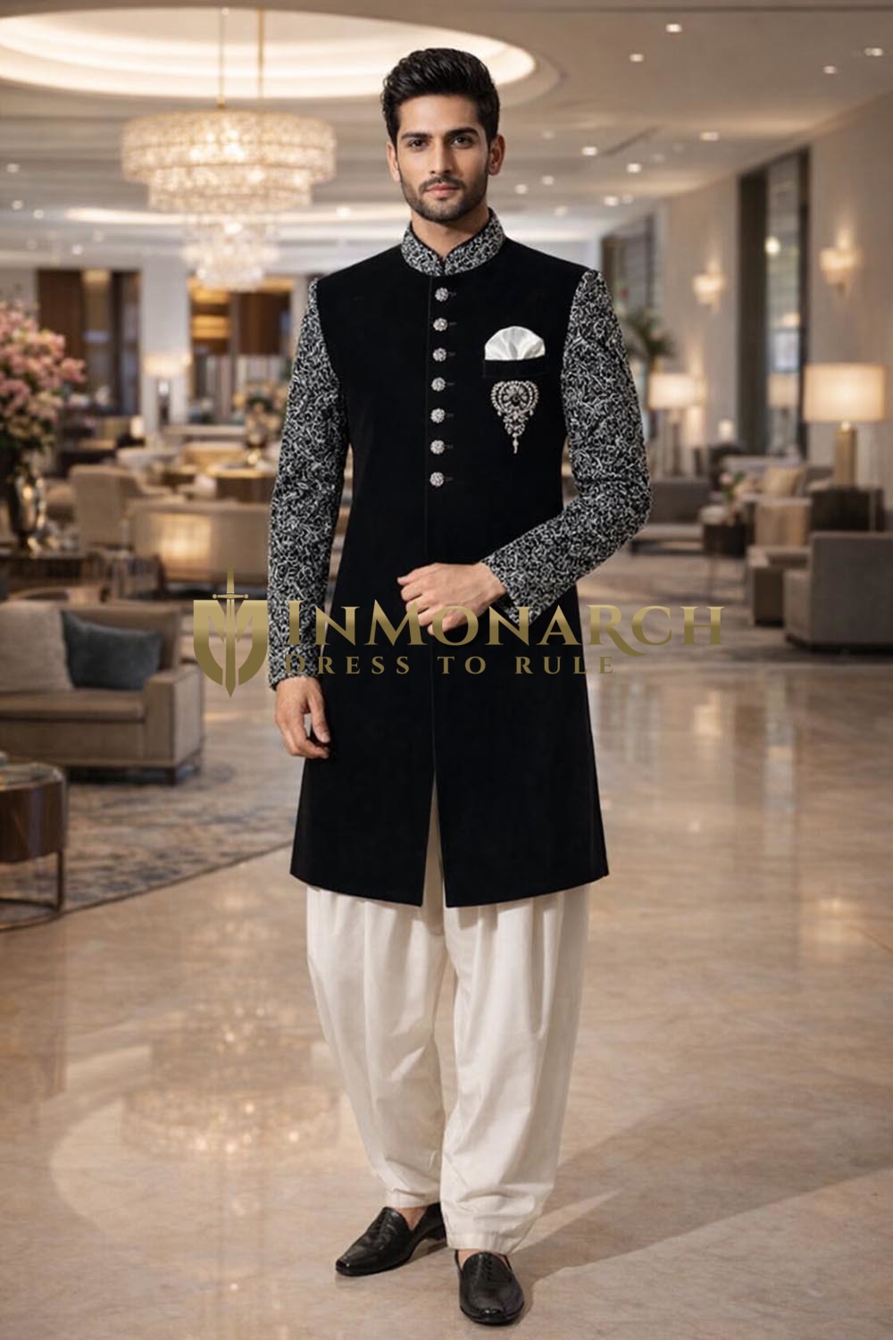 Mens Black Indo Western Suit 3pc Jute Brocade Wedding Salwar Set