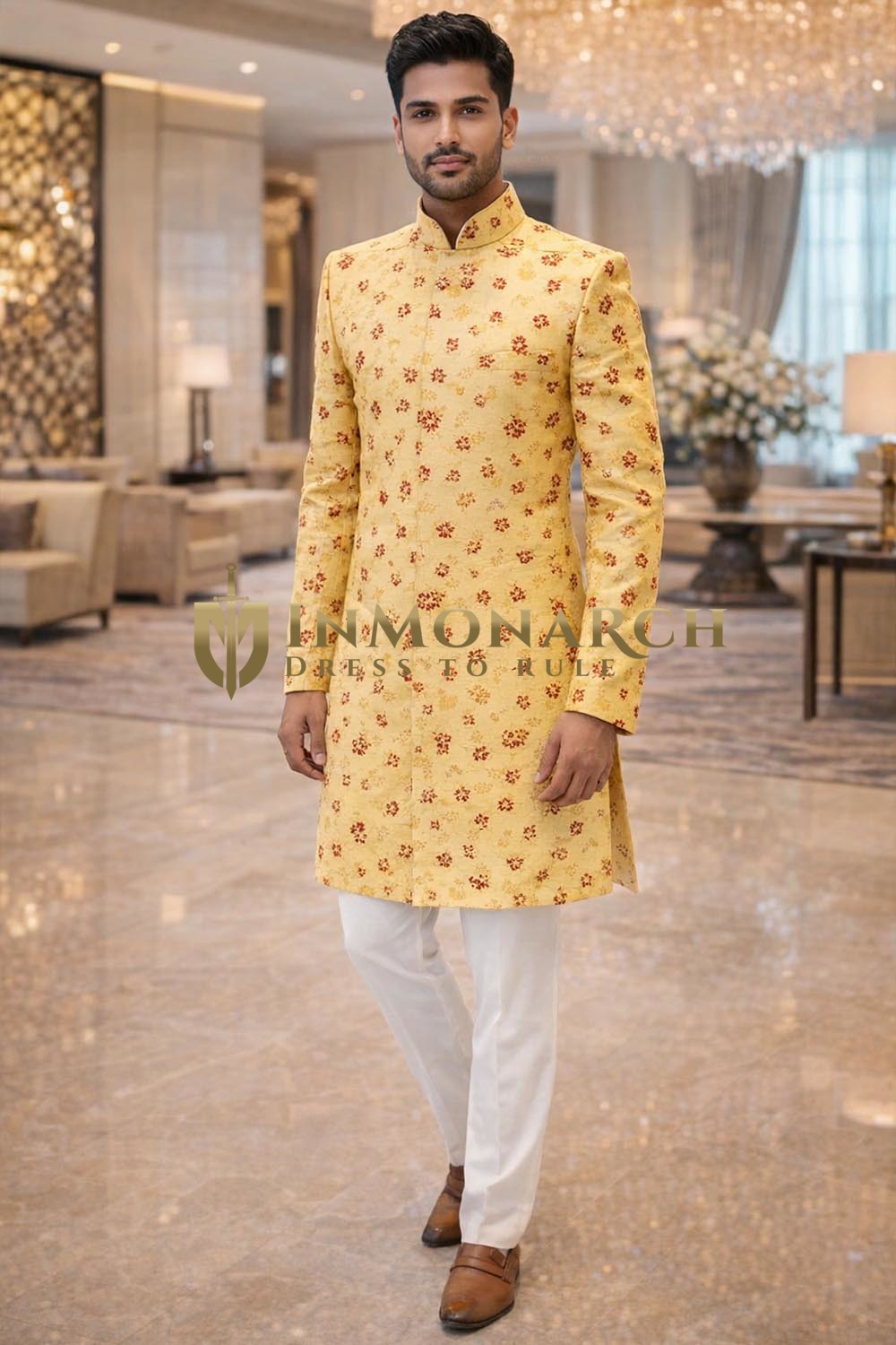 Mens Burlywood Indo Western Sherwani 2pc Indian Wedding Outfit