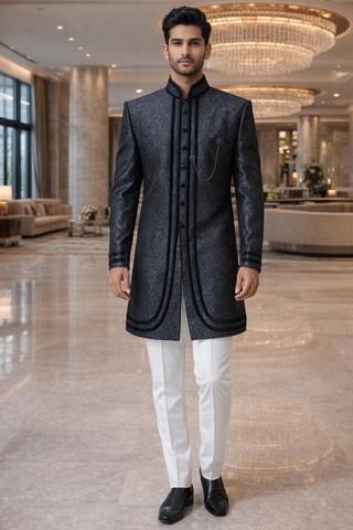 Traje indo occidental cuello Nehru gris