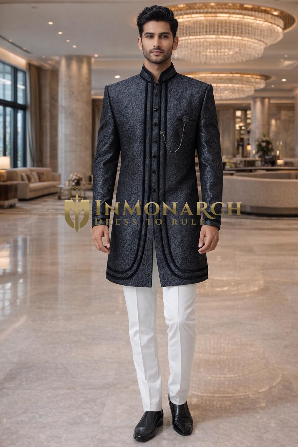 Traje indo occidental cuello Nehru gris