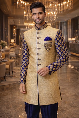 Traje boda beige bordado azul