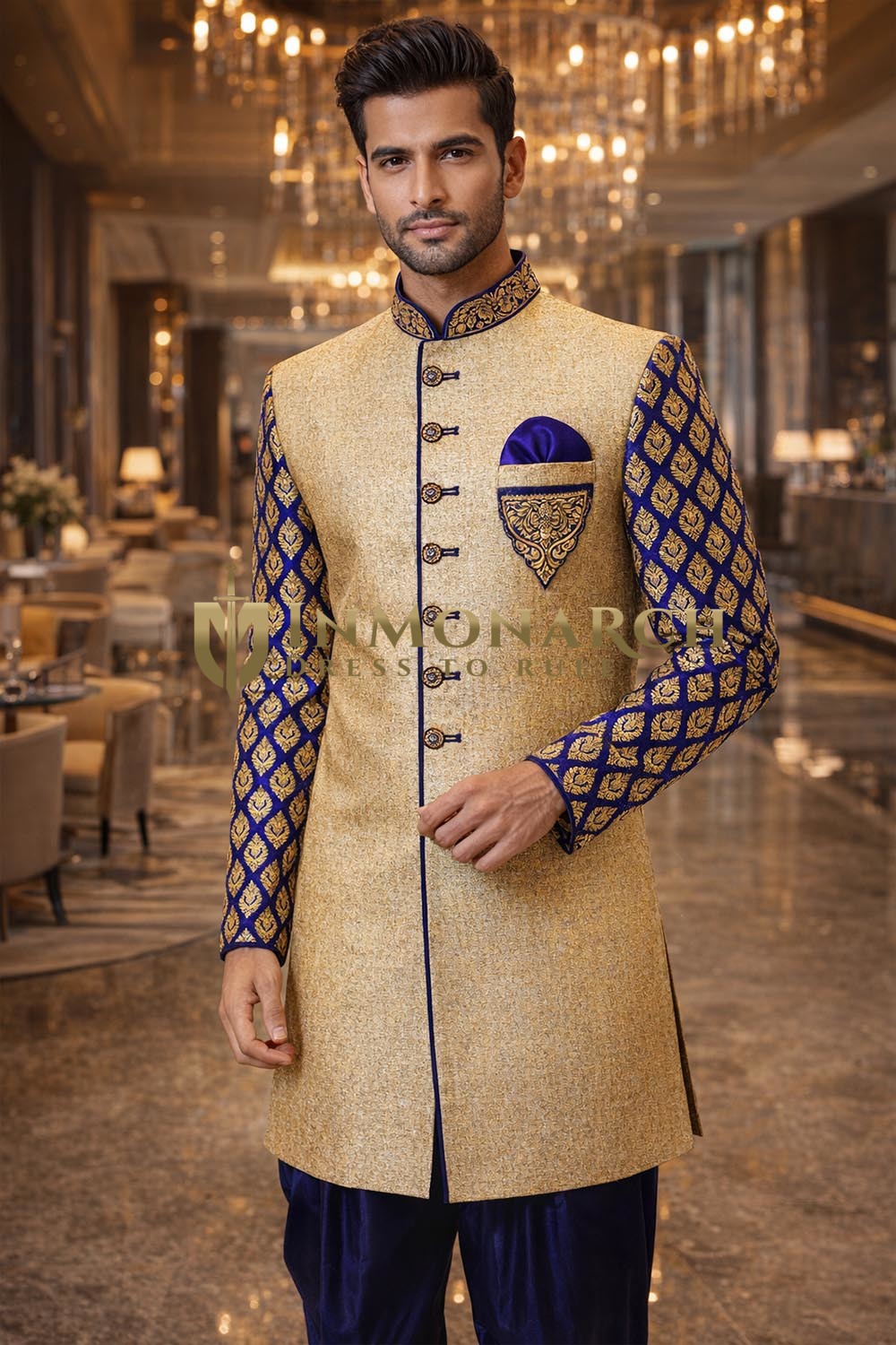 Mens Beige & Blue Indo Western 3pc Velvet Salwar Wedding Outfit