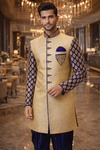 Mens Beige & Blue Indo Western 3pc Velvet Salwar Wedding Outfit