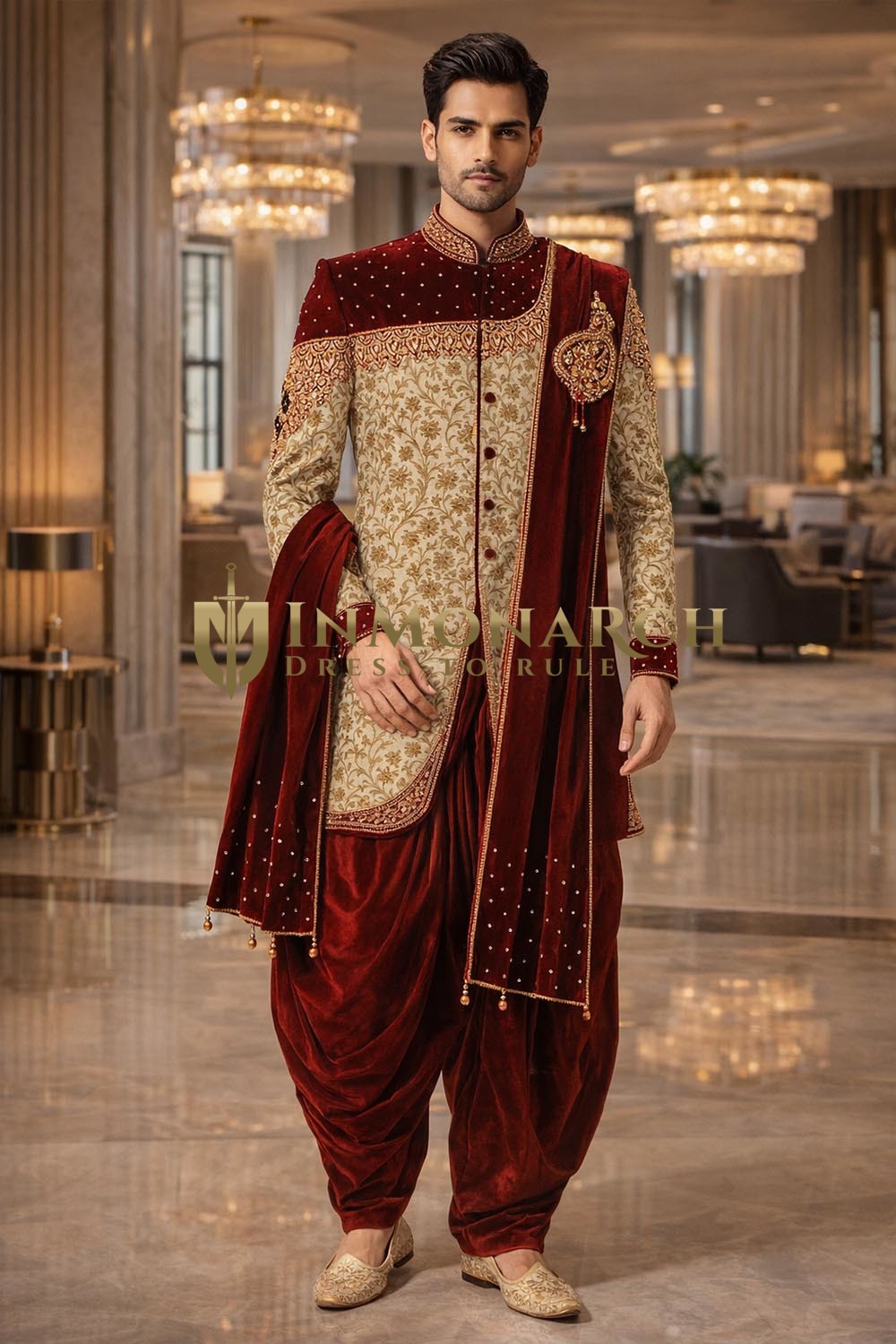Indowestern dorado bordado estilo real