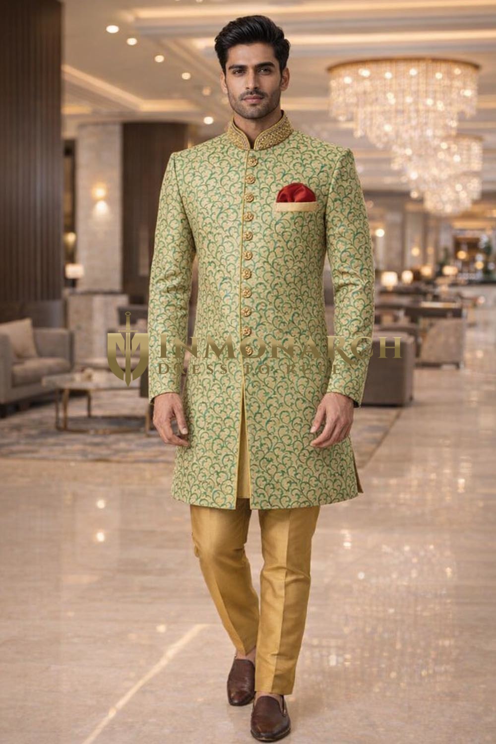 Mens Green Indo Western Outfit 3 Pc Groom Wedding Designer Ethnic Wear