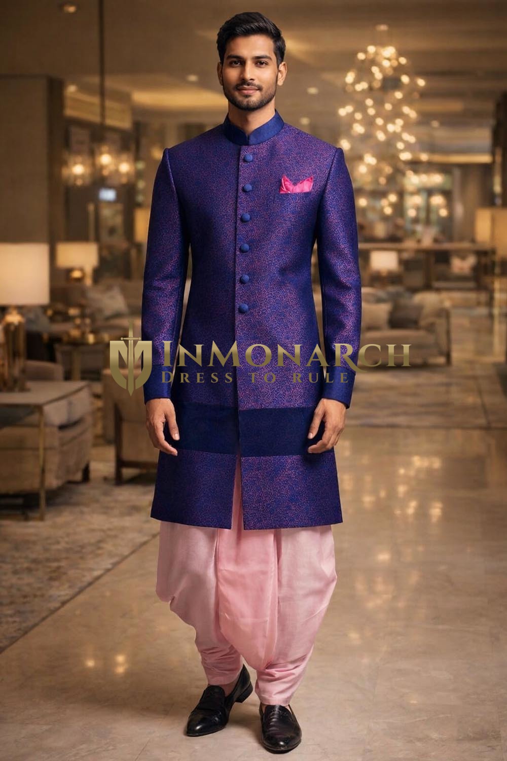 Mens Royal Blue Indo Western Outfit 3 Pc Floral Groom Wedding Designer Wear