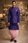 Mens Royal Blue Indo Western Outfit 3 Pc Floral Groom Wedding Designer Wear