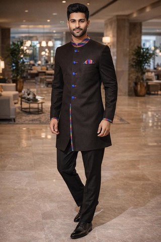 Traje indo marrón con detalles multicolor