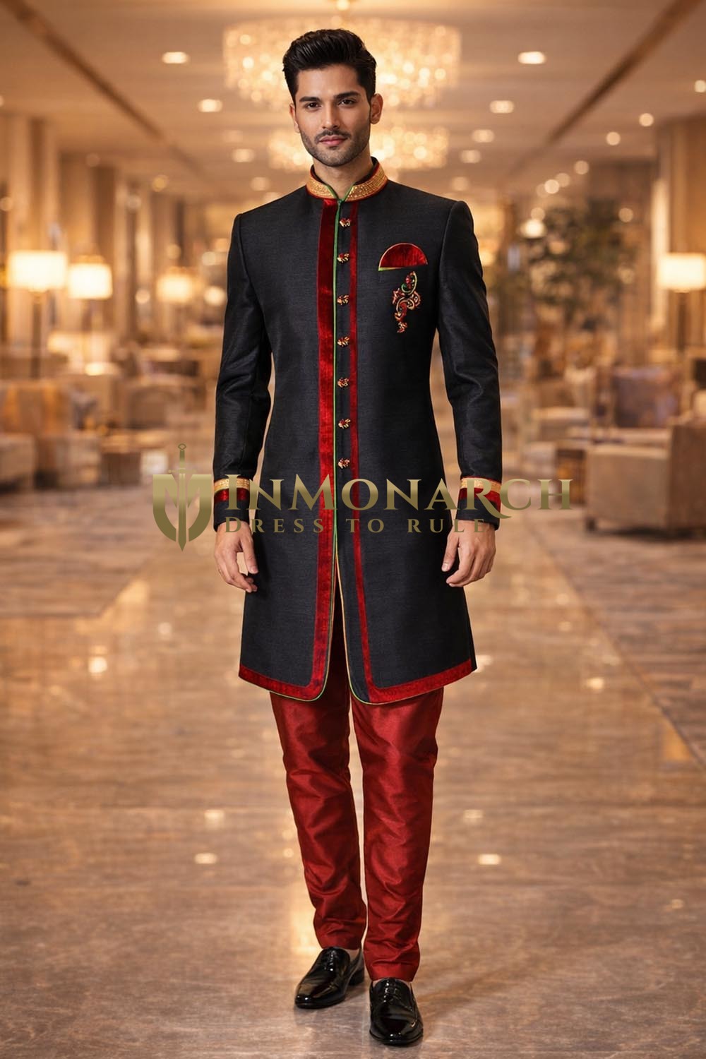 Black Indo Western Outfit with Red Velvet Trim 4pc Groom Wedding Wear