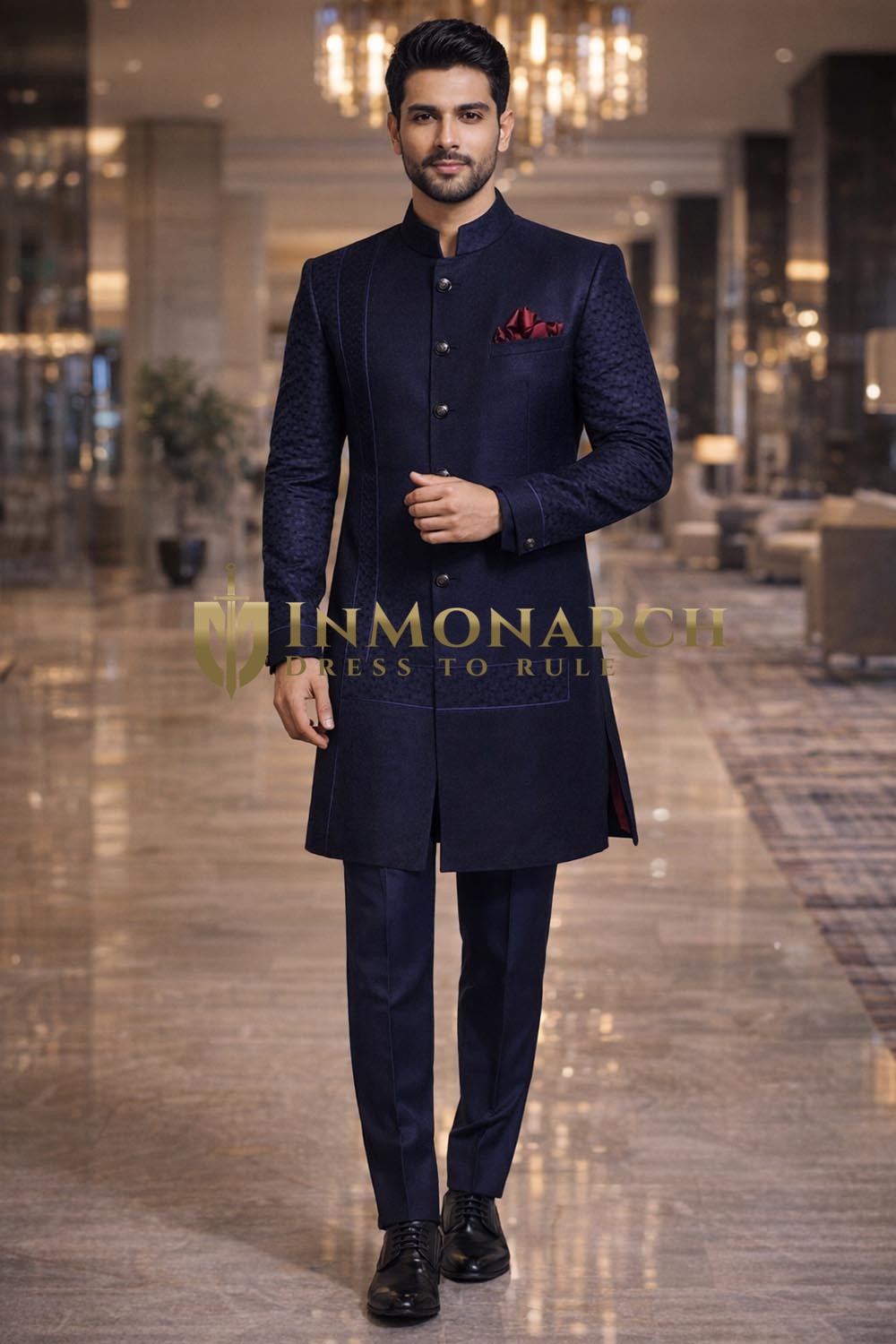 Navy Blue Indo Western Outfit 3pc Velvet Threaded Groom Wedding Wear