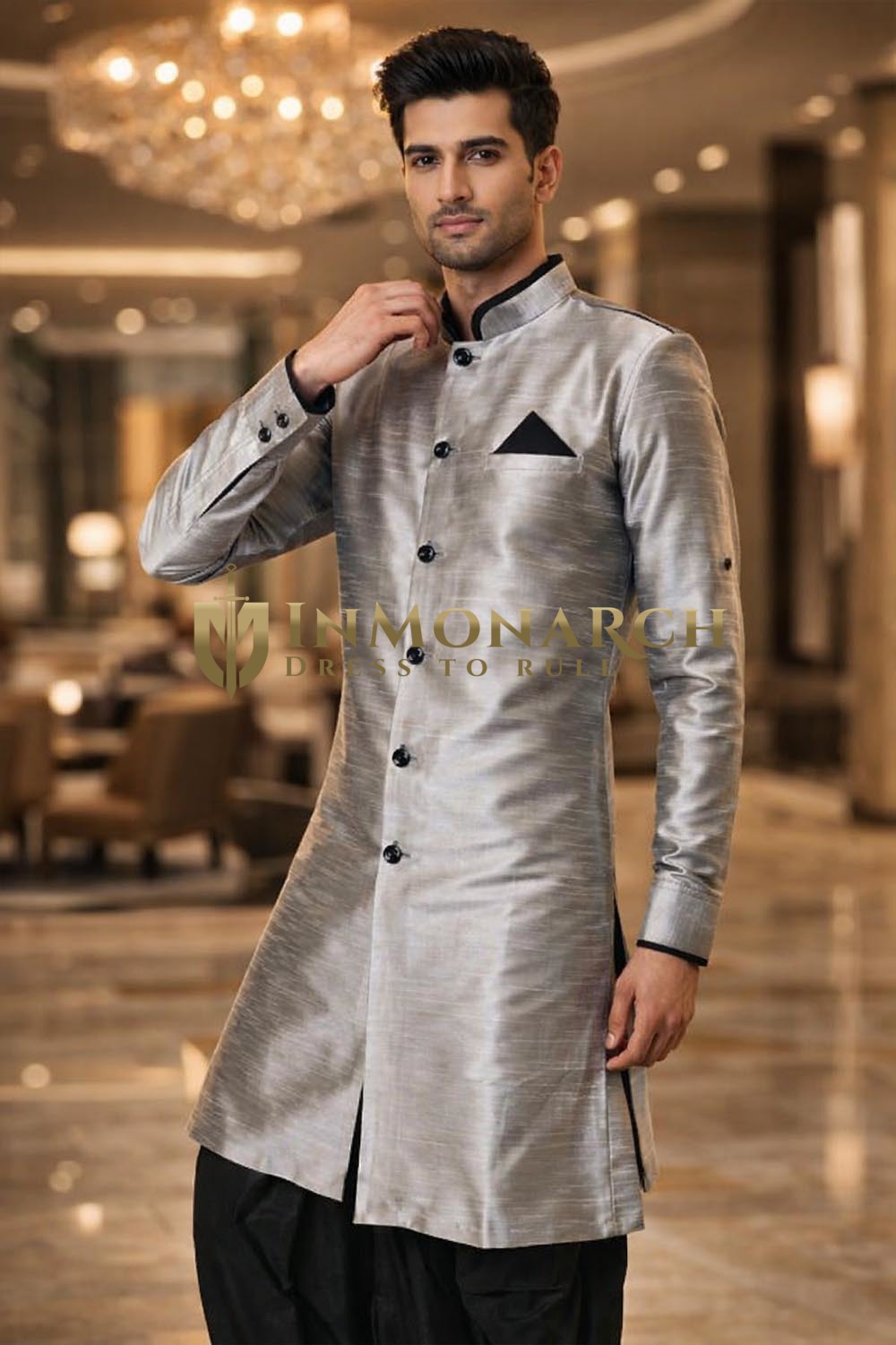 Silver Indo Western Outfit 3pc Black Trim Wedding Salwar Suit for Men