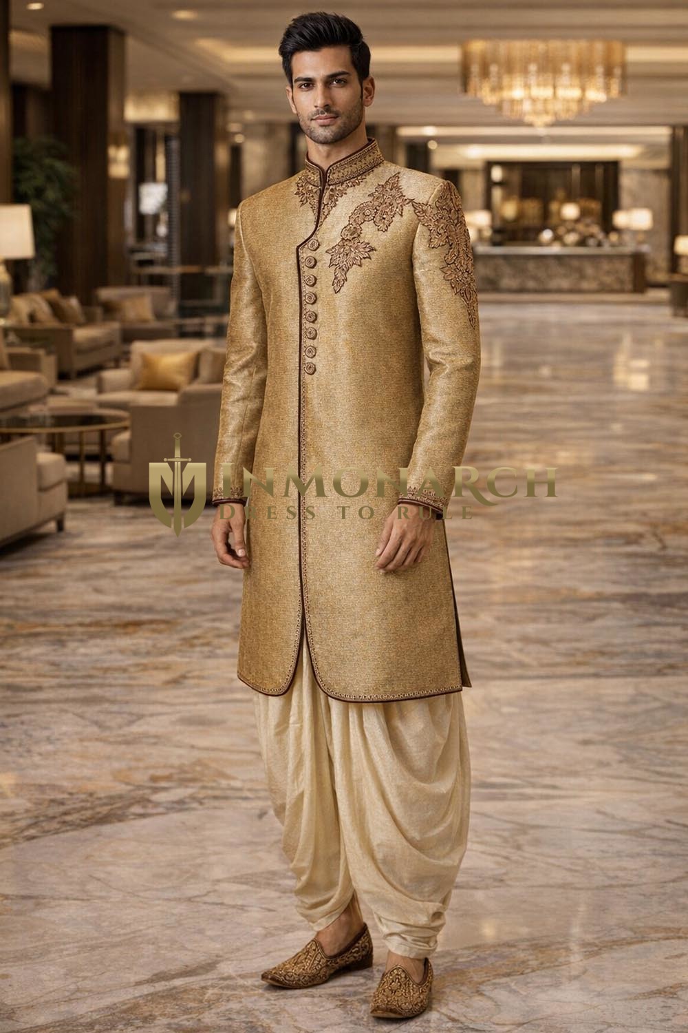 Gold Embroidered Indo Western Outfit 2pc Designer Wedding Salwar for Men
