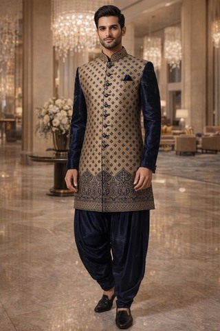 Traje indo occidental beige y azul