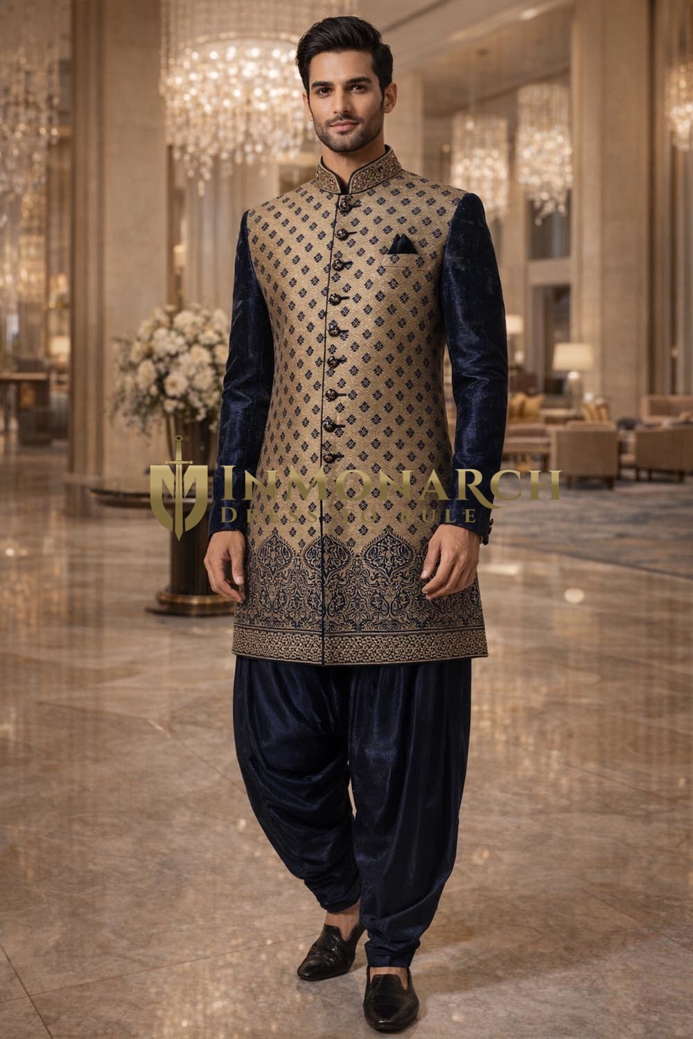 Beige Navy Indo Western Outfit 3pc Velvet Salwar Wedding Wear for Men
