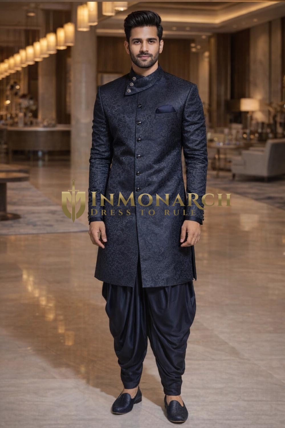 Black Indo Western Outfit 3pc Modern Dhoti Style Wedding Wear for Men