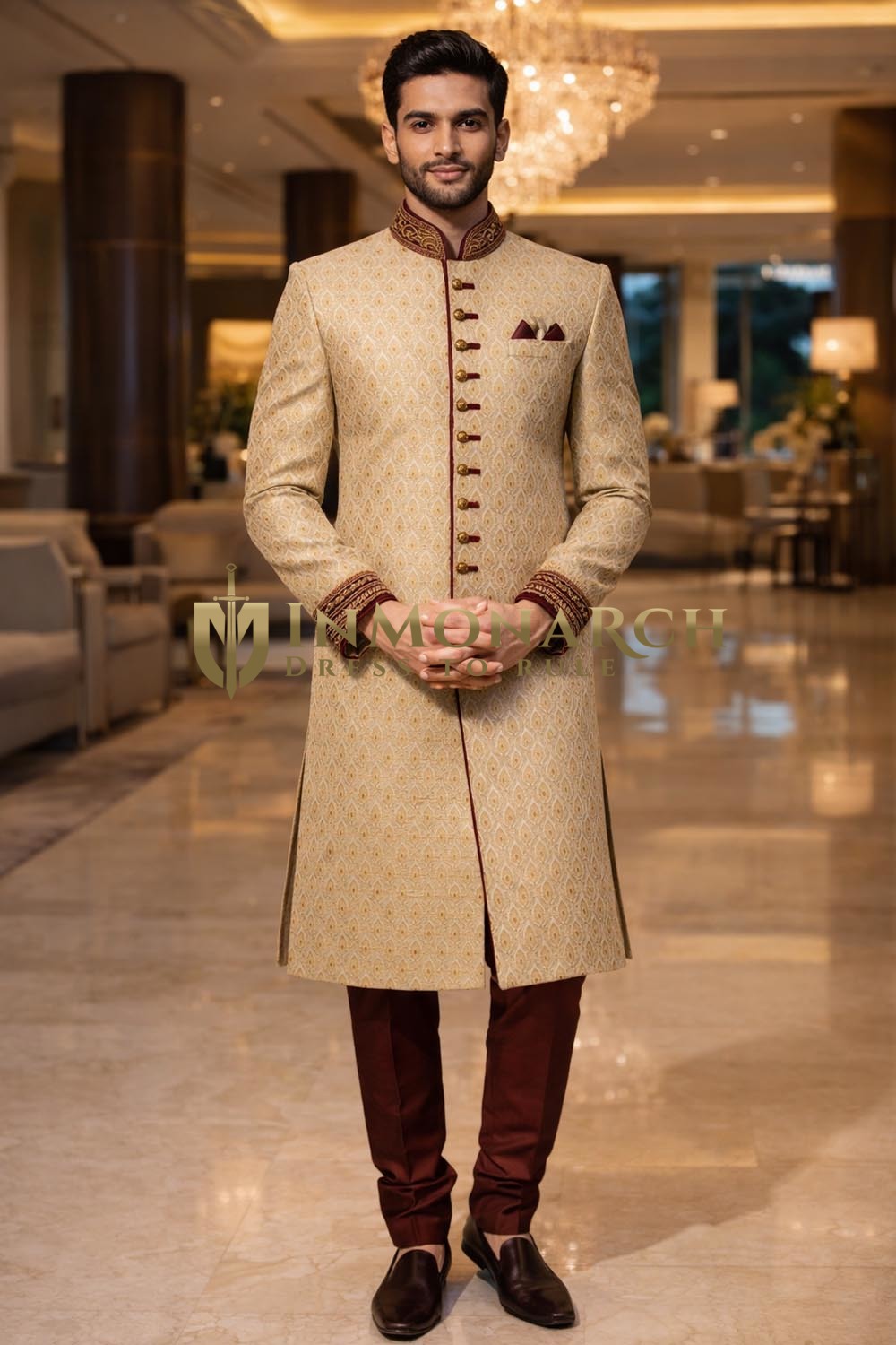 Beige Brocade Indo Western Outfit 3pc Groom Wedding Pyjama Suit for Men