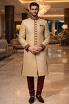 Beige Brocade Indo Western Outfit 3pc Groom Wedding Pyjama Suit for Men