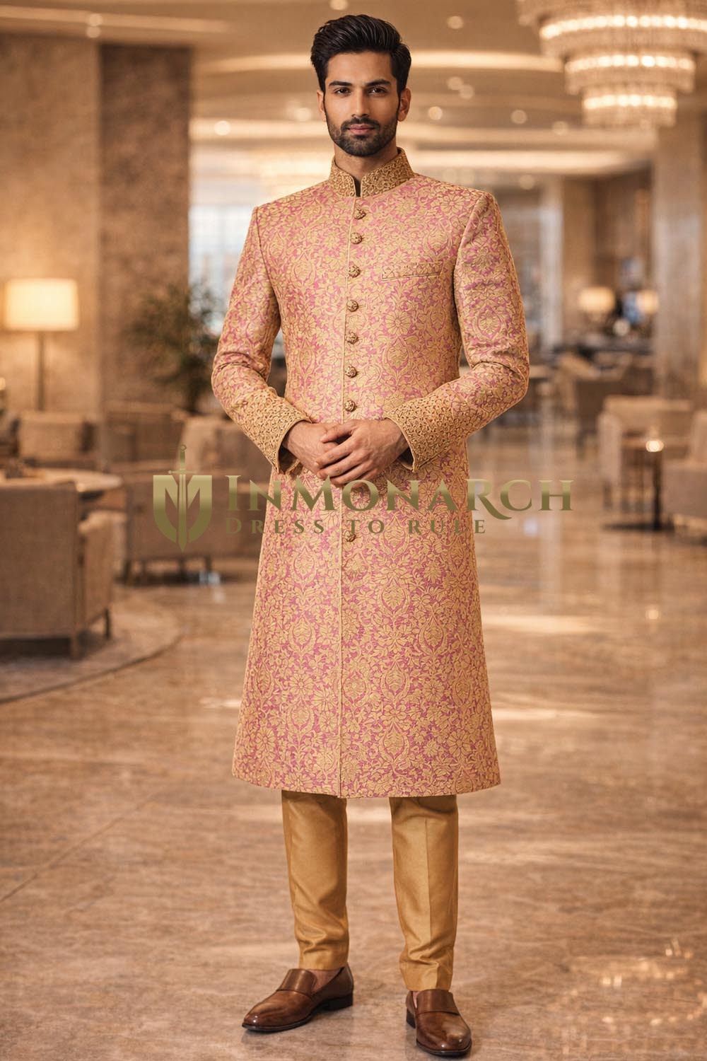 Lavender Brocade Indo Western Outfit 3pc Golden Pyjama Wedding Wear Men