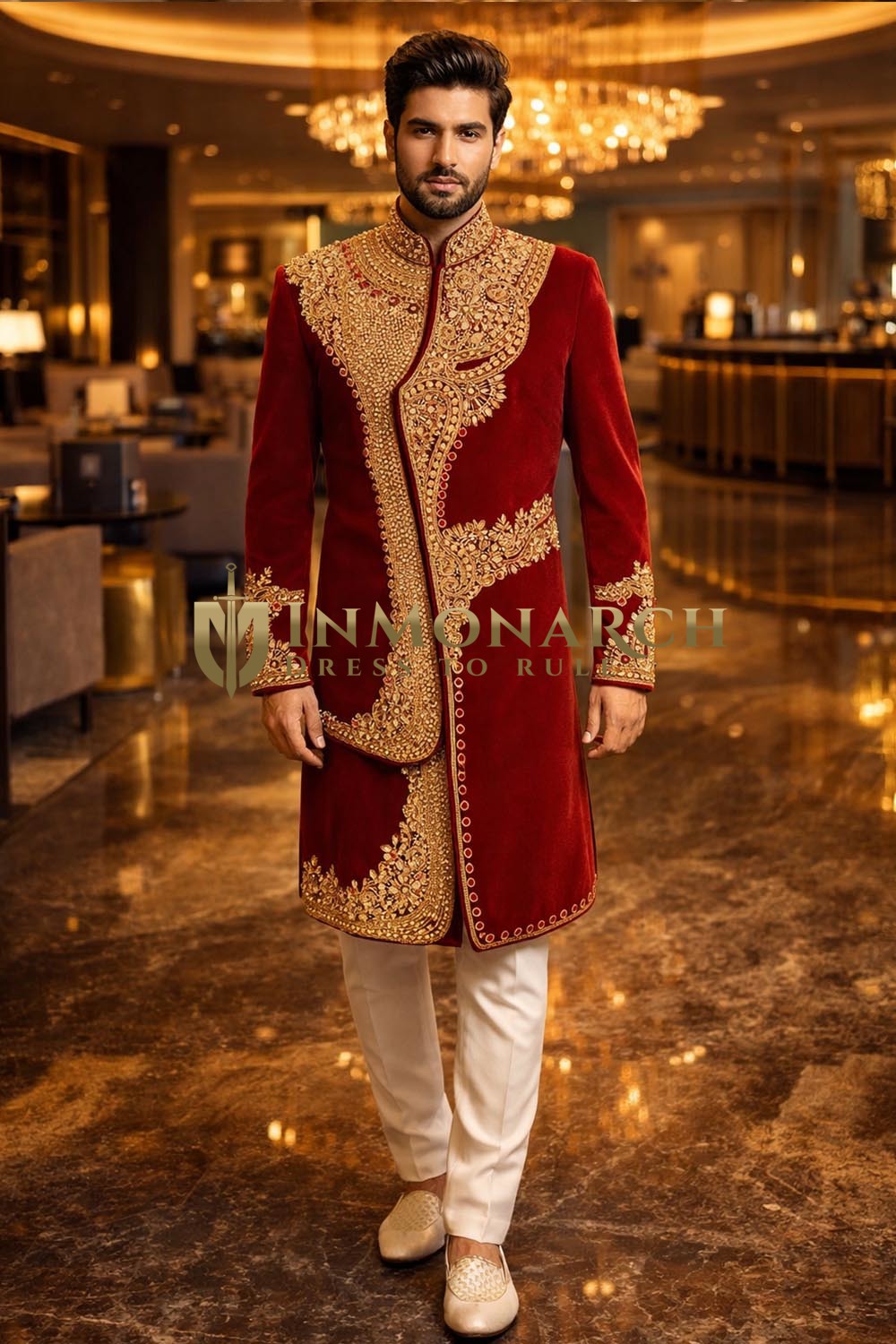 Crimson Embroidered Indo Western Outfit 2pc Wedding Trouser for Men Wear