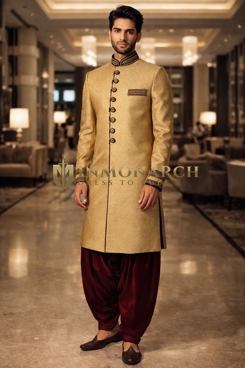 Gold Brocade Indo Western Outfit 2pc Maroon Velvet Salwar for Men Wear