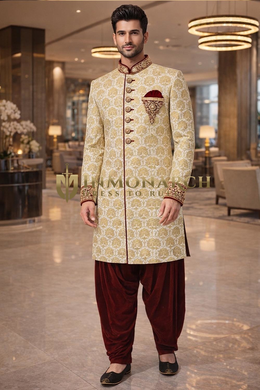 Golden Khimkhaap Indo Western Outfit 3pc Maroon Salwar Wedding Men Wear