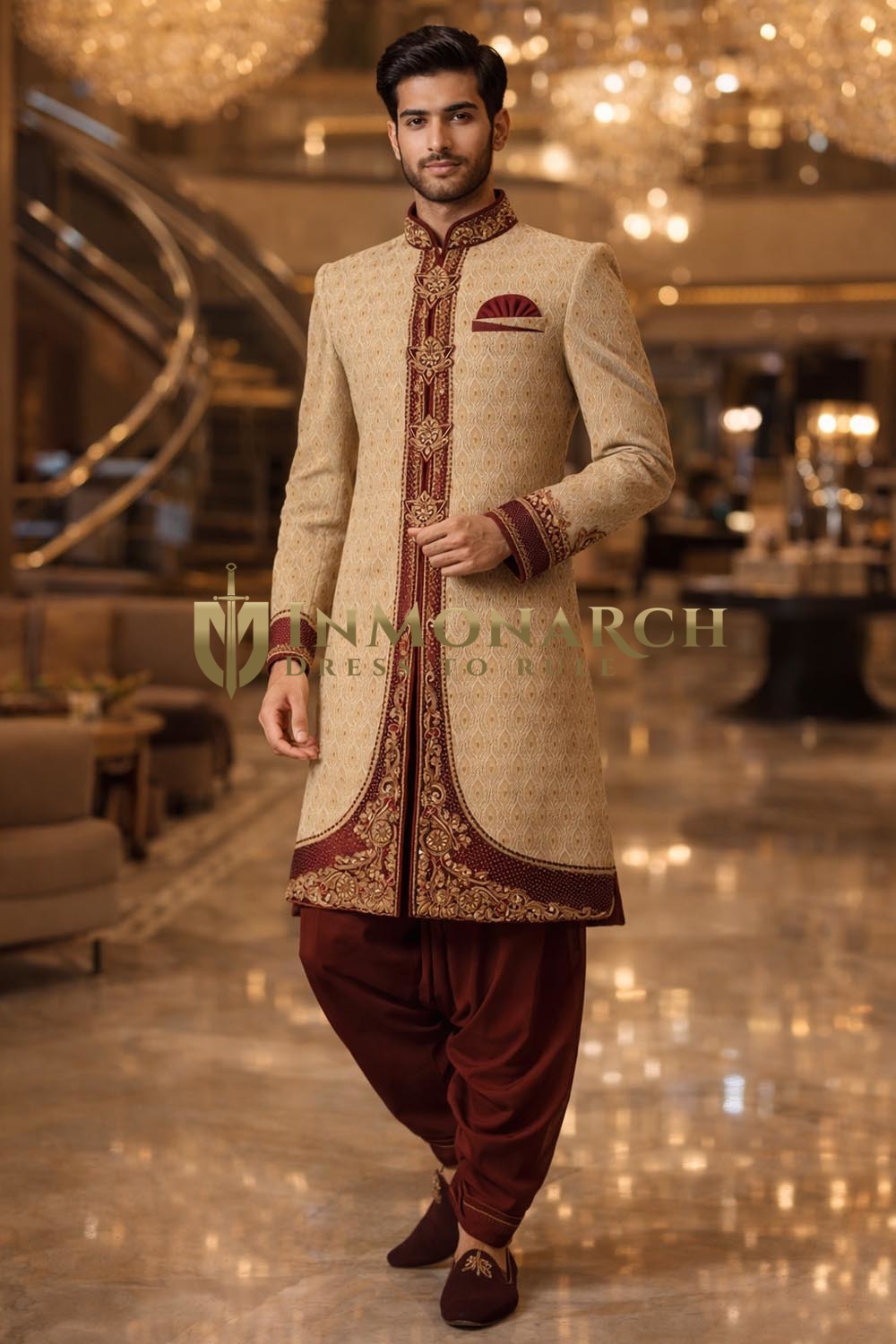 Costume indowestern beige brodé à boutons cachés