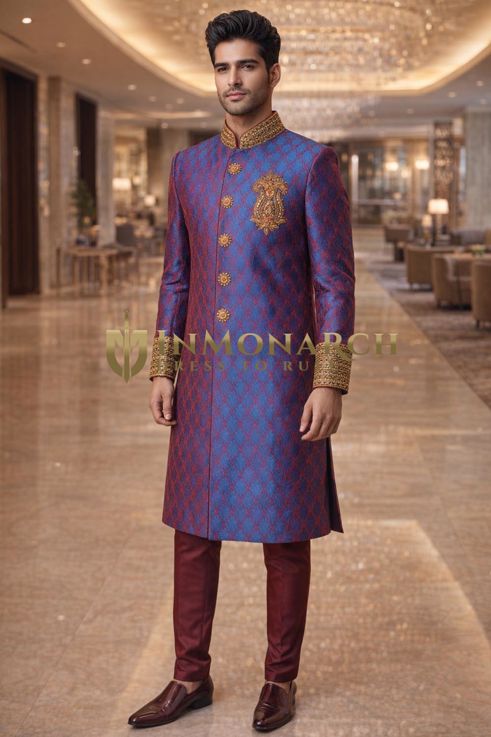 Tenue indo occidentale brocart bordeaux et bleu 2 pièces