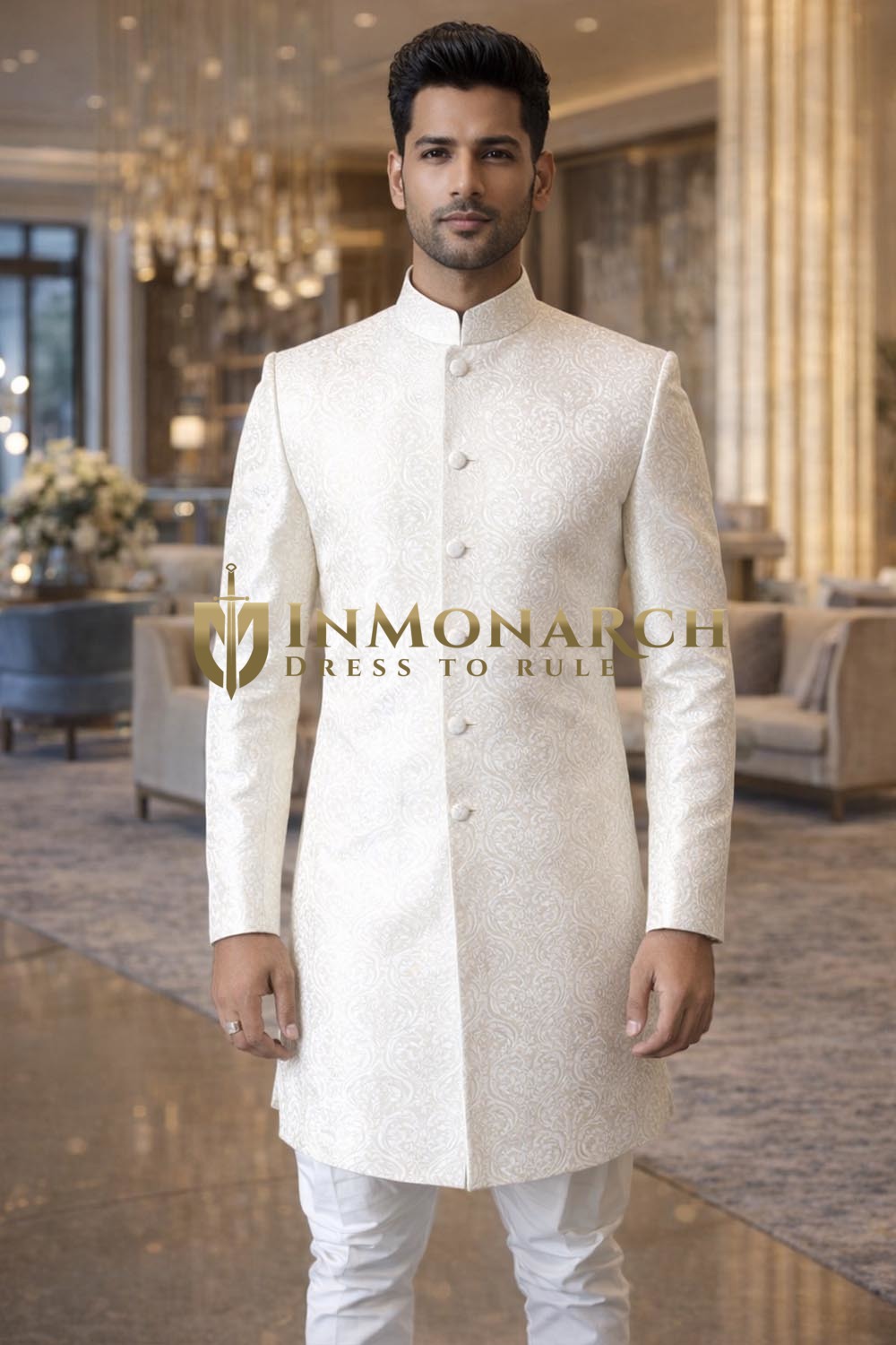 Cream Jodhpuri Indo Western Outfit 2pc Brocade Wedding Churidar for Men