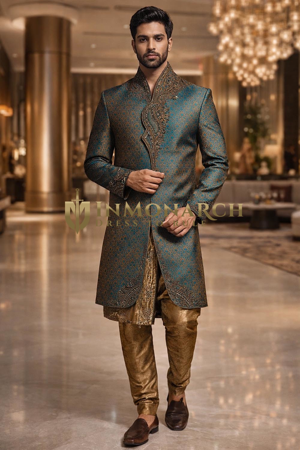 Forest Green Angarakha Indo Western Sherwani with Copper Pajama for Men