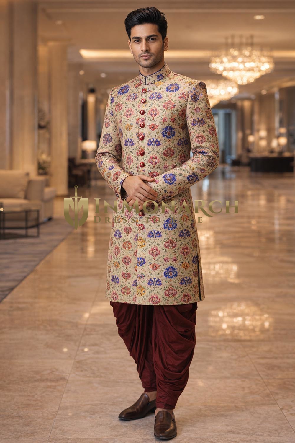 Sherwani flores azul rojo rosa