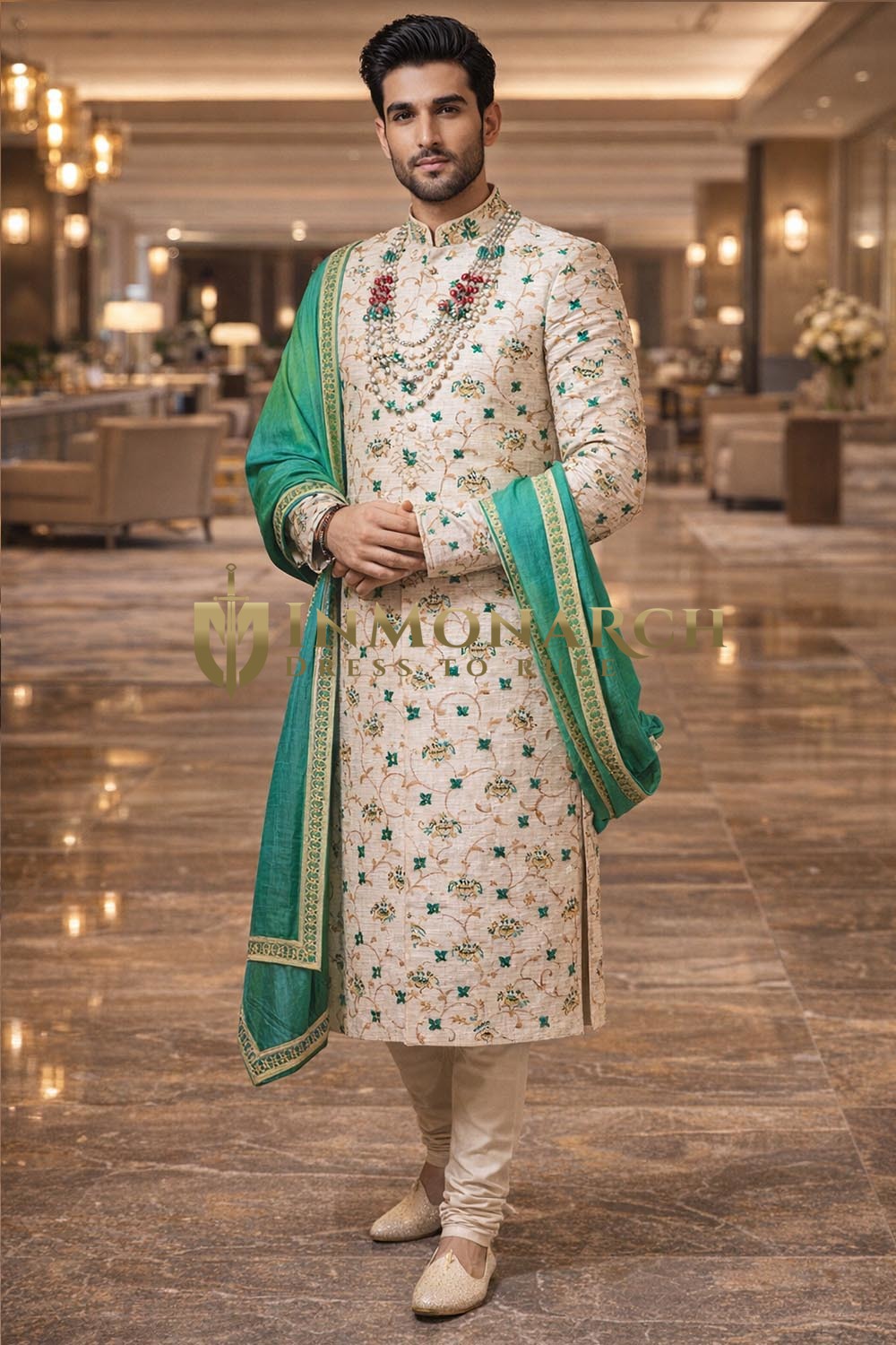 Sherwani marfil bordado boda hombre