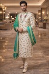 Ivory Embroidered Wedding Kurta Set with Beige Silk Pyjama for Men